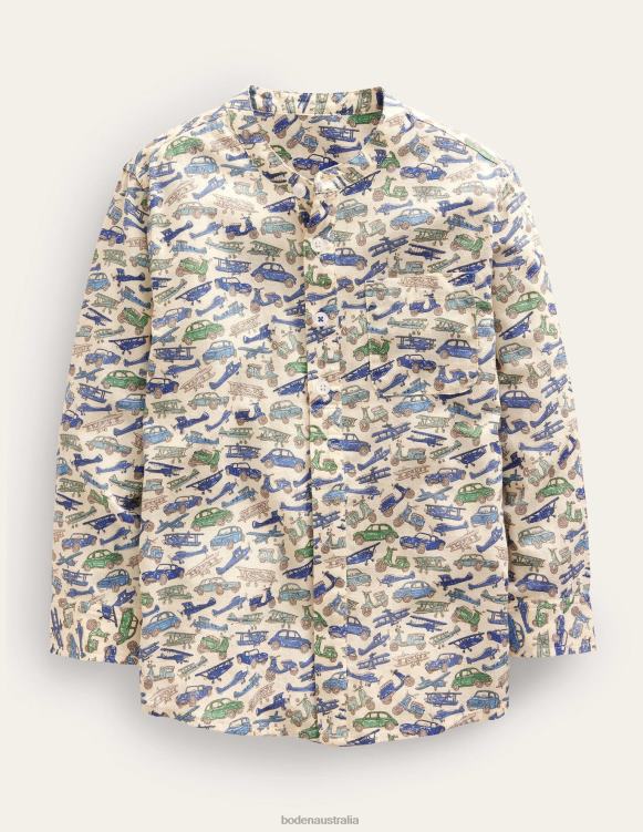 Patterned Grandad Shirt Boden 24RTX3416 Clothing Baby Blue Vechicles