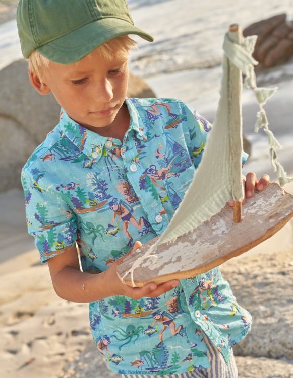 Cotton-Linen Shirt Boden 24RTX845 Clothing Boys Aqua Sea Diver