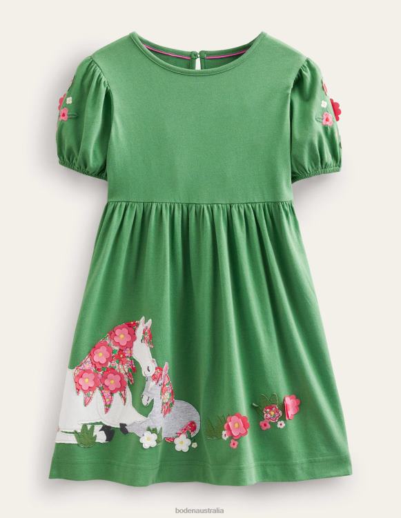 Jersey Applique Dress Boden 24RTX3239 Clothing Girls Deep Grass Green Horses