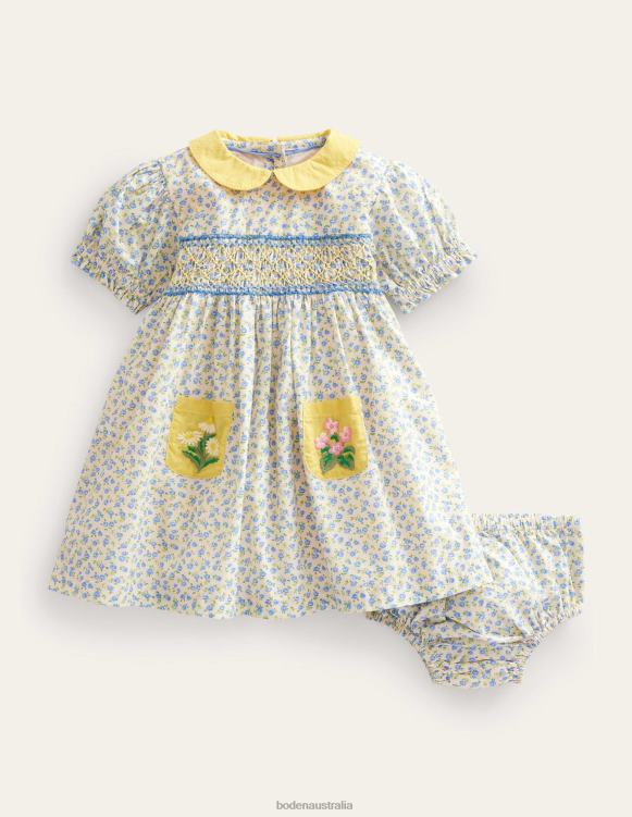 Smocked Nostalgic Dress Boden 24RTX3302 Clothing Girls Vista Blue Floral