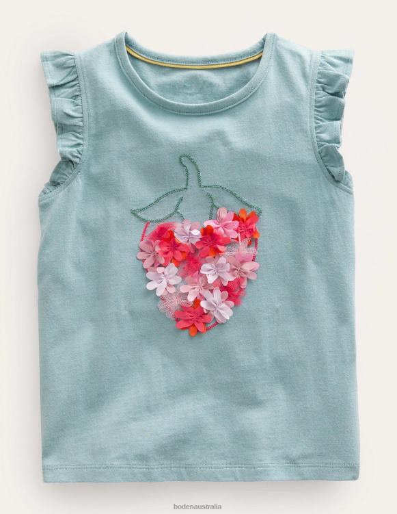 Embroidered Flutter Top Boden 24RTX2887 Clothing Girls Tourmaline Blue Strawberry