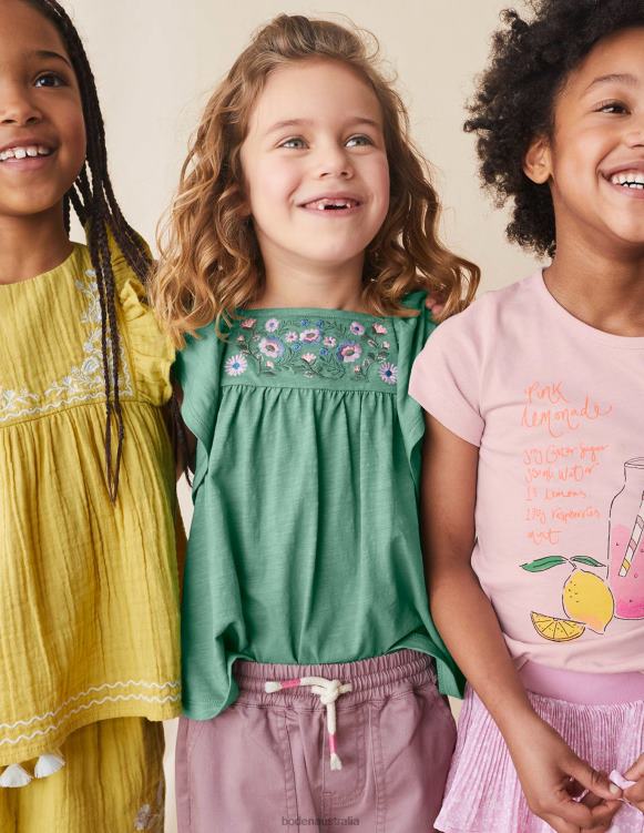 Embroidered Jersey Top Boden 24RTX3019 Clothing Girls Csarite Green