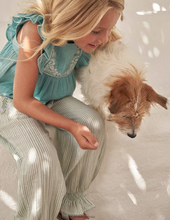 Embroidered Balloon Trousers Boden 24RTX3027 Clothing Girls Green Embroidered Ticking