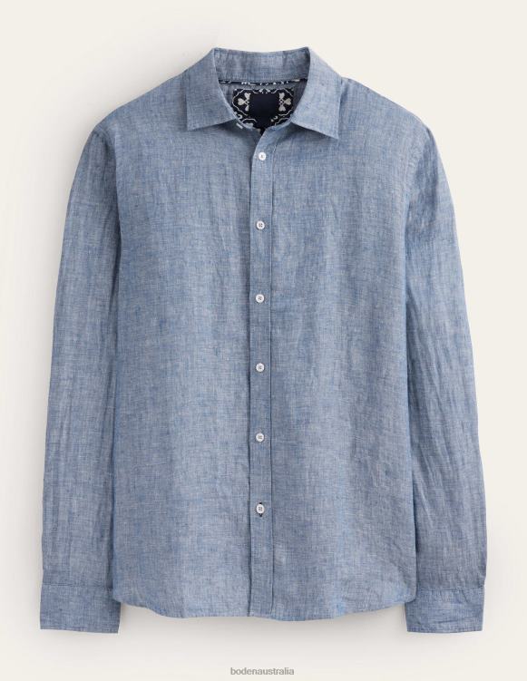 Cutaway Collar Linen Shirt Boden 24RTX3627 Clothing Men Blue Chambray