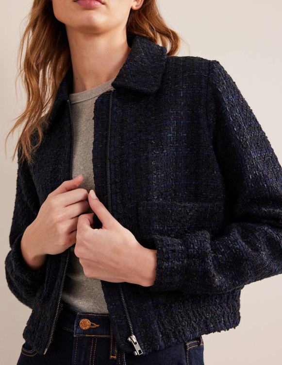 Textured Zip Through Jacket Boden 24RTX1584 Clothing Women Navy