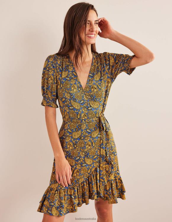 Ruffle Wrap Jersey Mini Dress Boden 24RTX2248 Clothing Women Harvest Gold & Paisley Terrace