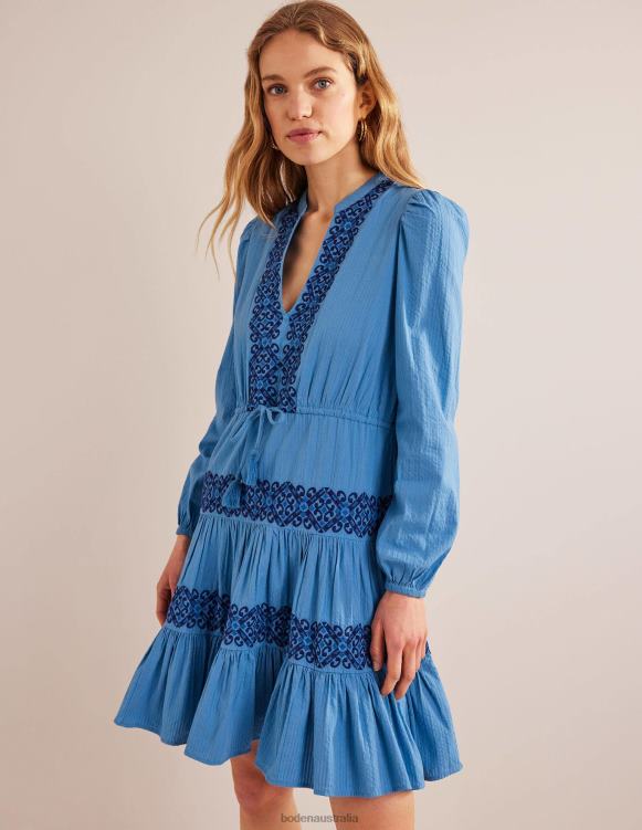 Tiered Embroidered Dress Boden 24RTX1297 Clothing Women Porcelain Blue