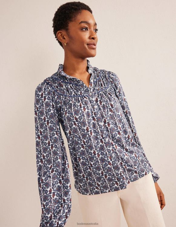 Ruched Yoke Jersey Shirt Boden 24RTX1392 Clothing Women Nightshadow & Block Paisley