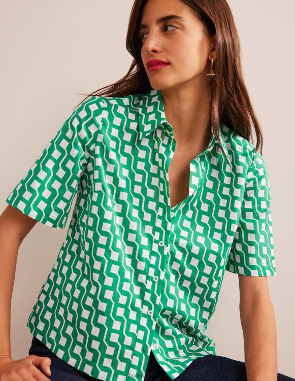 Short Sleeve Cotton Shirt Boden 24RTX315 Clothing Women Bright Emerald & Cube Geo