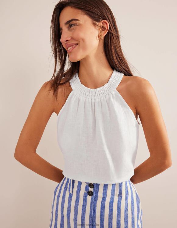 Linen Smocked Halter Top Boden 24RTX1424 Clothing Women White