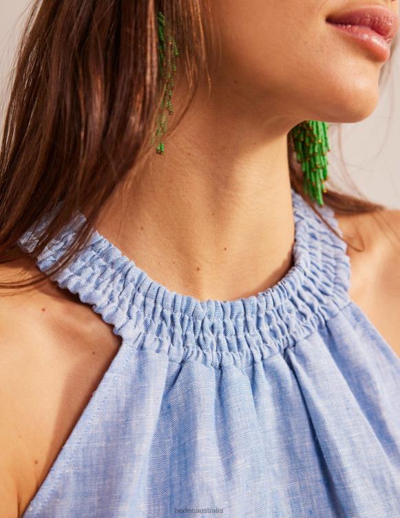 Linen Smocked Halter Top Boden 24RTX183 Clothing Women Chambray