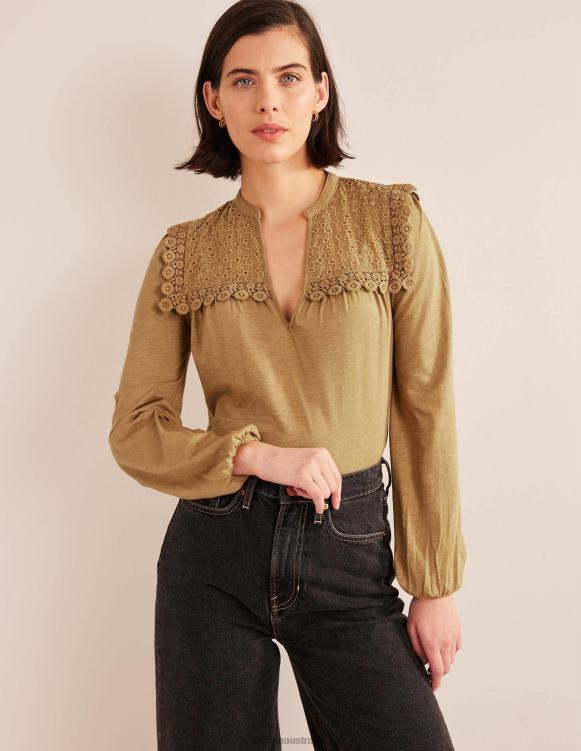 Notch Neck Woven Mix Top Boden 24RTX1812 Clothing Women Camel