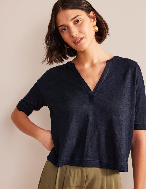 Open Neck Linen Henley Boden 24RTX2197 Clothing Women Navy