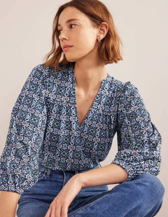 Printed Notch Neck Top Boden 24RTX962 Clothing Women Blue Tile