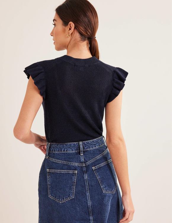 Ribbed Frill Linen Vest Boden 24RTX1962 Clothing Women Navy