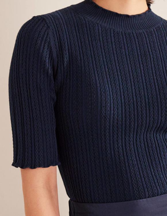 Ribbed Pointelle High Neck Top Boden 24RTX1244 Clothing Women Navy